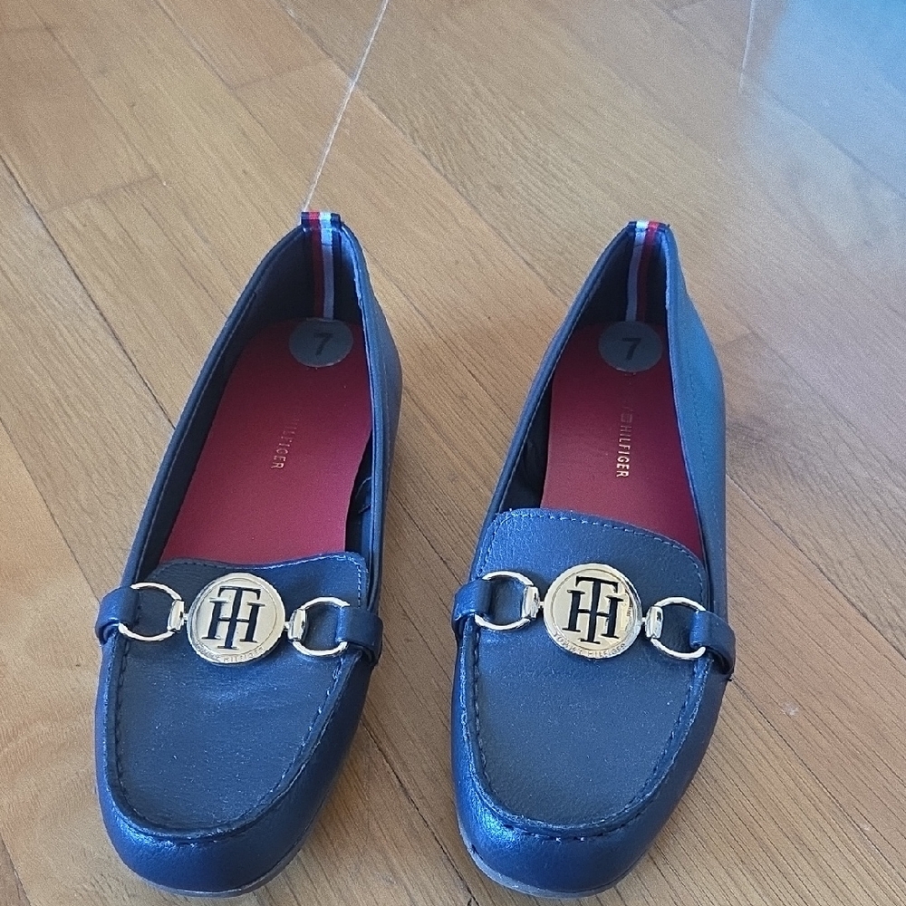 Tommy Hilfiger Navy Blue Leather Loafers with Gold Hardware